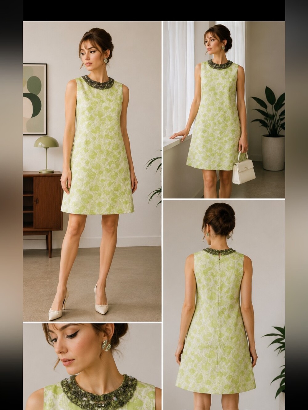 Vintage 1960s Lime Green Floral Dress Embellished Beaded Sequin Collar A-Line XL